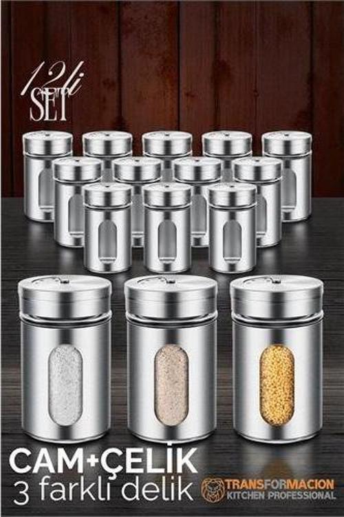 Cam+Çelik Tuzluk Biberlik Karabiberlik 3 Farklı Delikli 12'li SET