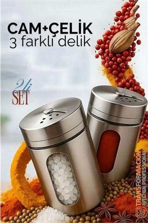 Cam+Çelik Tuzluk Biberlik Karabiberlik 3 Farklı Delikli 2'li SET