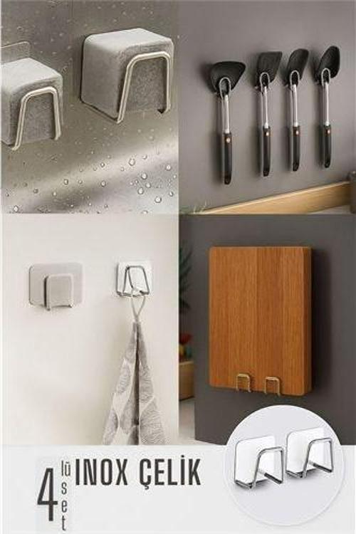 Inox Çelik Çok Amaçlı Askı - Banyo Askısı - Mutfak Askısı Profesyonel 4'lü SET
