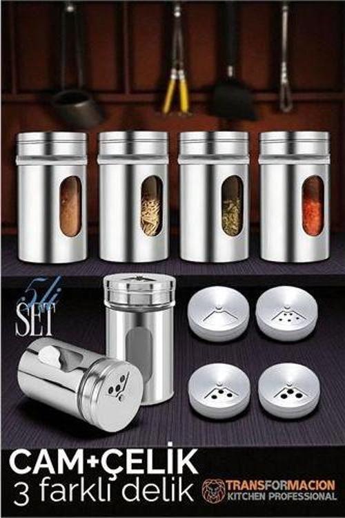 Cam+Çelik Tuzluk Biberlik Karabiberlik 3 Farklı Delikli 5'li SET
