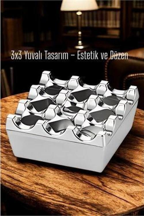 Metal Döküm Küllük – 3x3 Yuvalı, Krom , Modern ve Ağırlıklı TaSarım 7