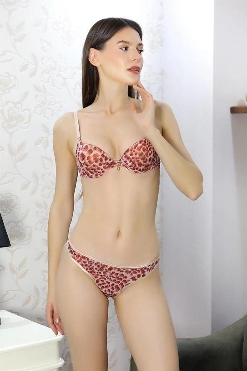 Giyim Kadın Desteksiz İnce Süngerli Desenli Aksesuarlı Sütyen Takım Kırmızı