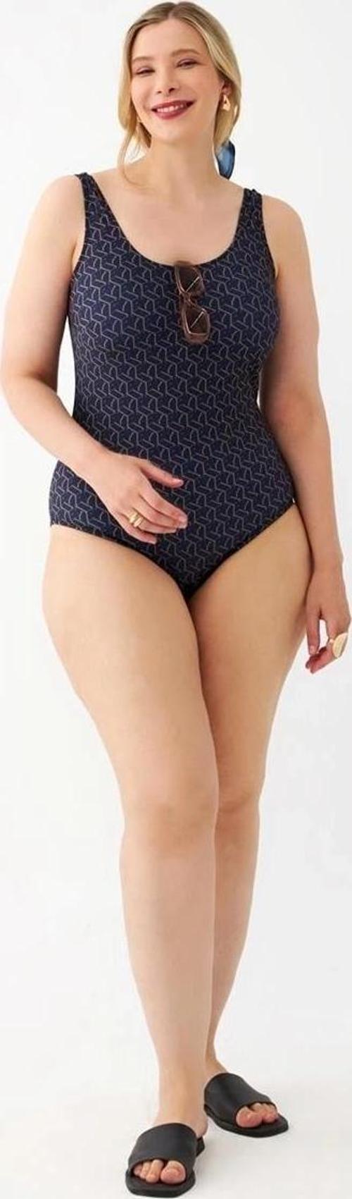 Giyim Kadın Lacivert Geometrik Desenli Büyük Beden Tek Parça Mayo