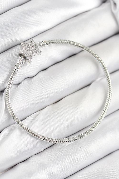 Pirinç Charm Zirkon Taşlı Yıldız Model Gümüş Renk Kadın Bileklik