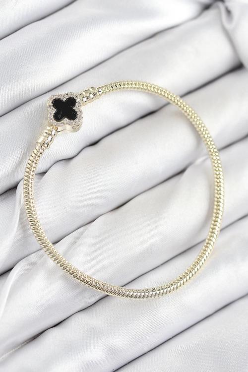 Pirinç Charm Zirkon Taşlı Yonca Model Gold Renk Kadın Bileklik