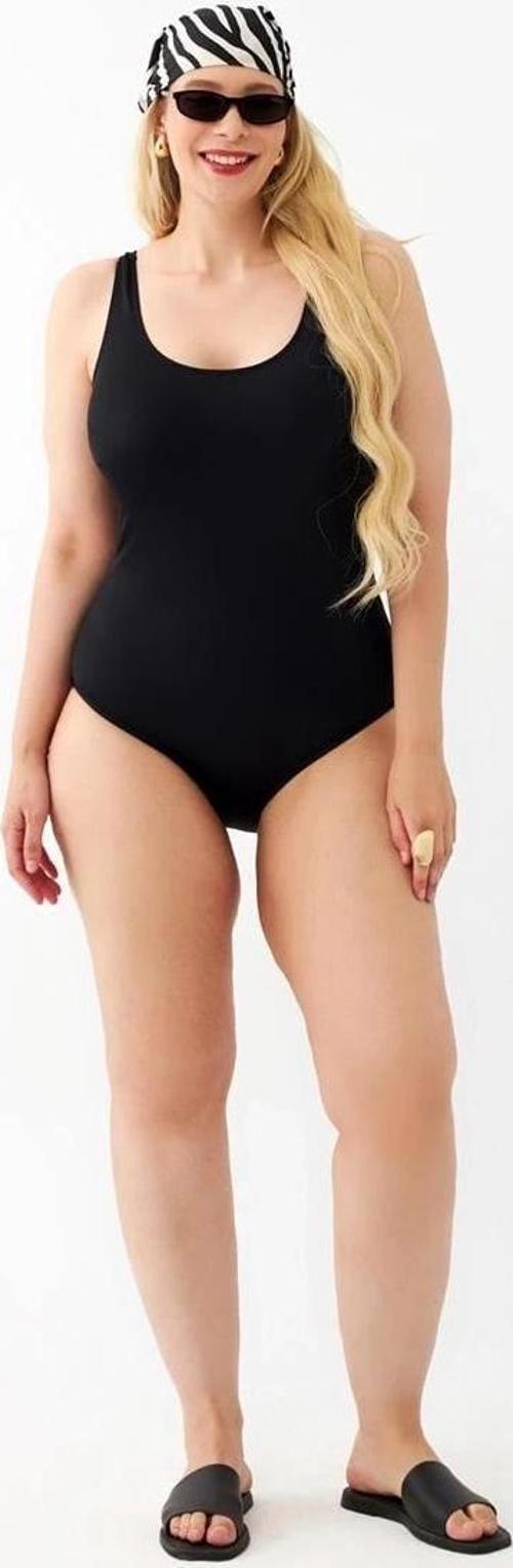 Giyim Kadın Siyah Büyük Beden Düz Tek Parça Mayo