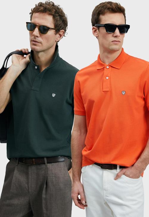 Logolu Pamuklu Comfort Fit Düğmeli Polo Yaka 2'li Erkek T Shirt 111040206S2 Haki-Turuncu