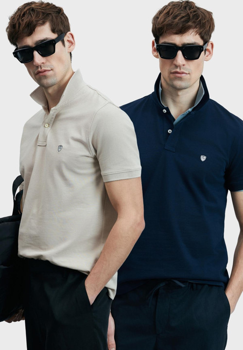 Logolu Pamuklu Comfort Fit Düğmeli Polo Yaka 2'li Erkek T Shirt 111040206S2 LACİVERT-EKRU