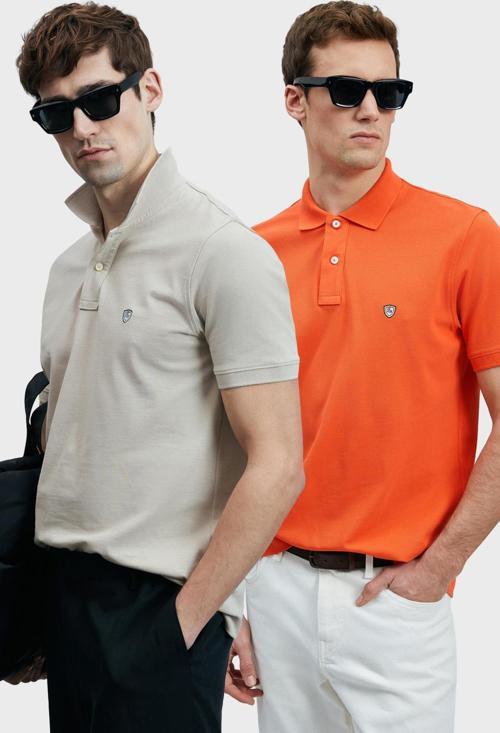 Logolu Pamuklu Comfort Fit Düğmeli Polo Yaka 2'li Erkek T Shirt 111040206S2 Ekru-Turuncu