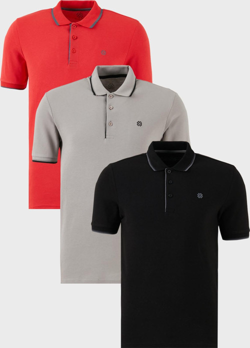 Pamuklu Slim Fit Şerit Detaylı Düğmeli Polo Yaka 3'lü Paket Erkek T Shirt 5902118S3 Siyah-Kırmızı-Taş