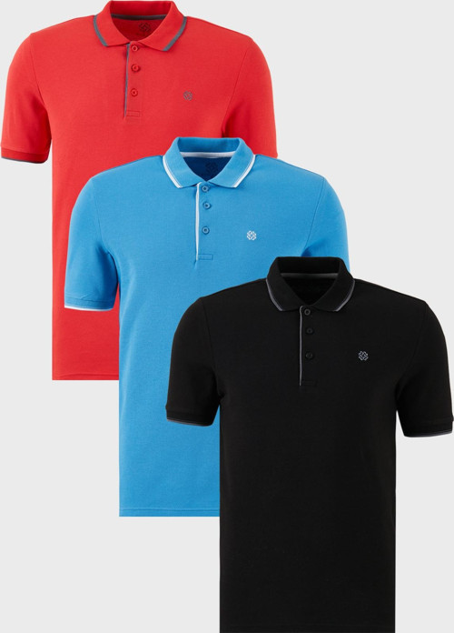 Pamuklu Slim Fit Şerit Detaylı Düğmeli Polo Yaka 3'lü Paket Erkek T Shirt 5902118S3 Siyah-Kırmızı-Koyu Mavi