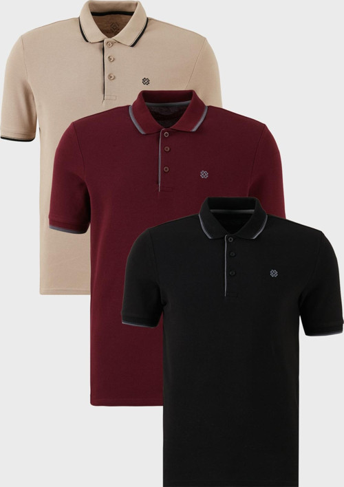 Pamuklu Slim Fit Şerit Detaylı Düğmeli Polo Yaka 3'lü Paket Erkek T Shirt 5902118S3 Siyah-Vişne-Vizon