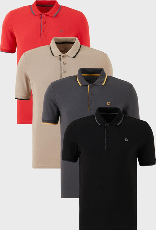 Pamuklu Slim Fit Şerit Detaylı Düğmeli Polo Yaka 4'lü Paket Erkek T Shirt 5902118S4 Siyah-Kırmızı-Antrasit-Vizon