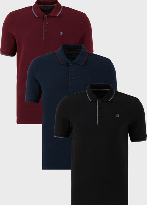 Pamuklu Slim Fit Şerit Detaylı Düğmeli Polo Yaka 3'lü Paket Erkek T Shirt 5902118S3 Siyah-Vişne-Lacivert-Bordo
