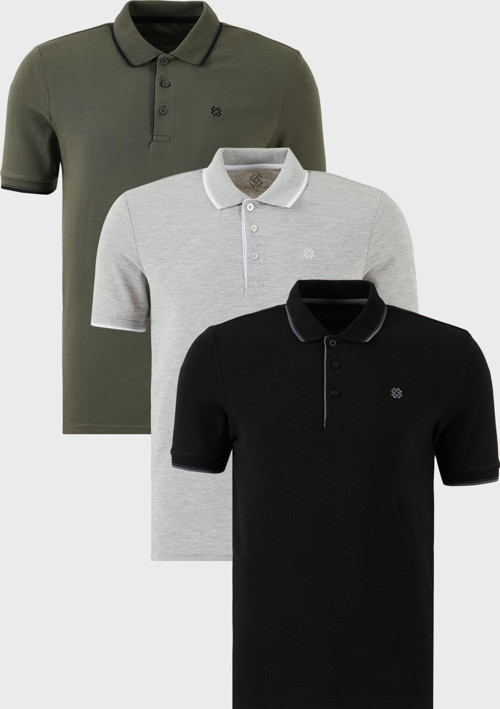 Pamuklu Slim Fit Şerit Detaylı Düğmeli Polo Yaka 3'lü Paket Erkek T Shirt 5902118S3 Siyah-Haki-Gri Melanj