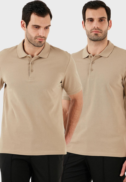 Pamuk Regular Fit Düğmeli 2'li Paket Erkek Polo Yaka T Shirt 5902127S2 VİZON-VİZON