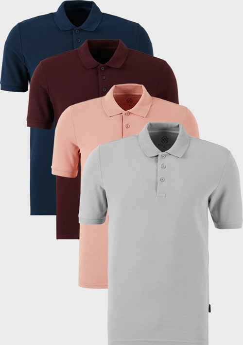 Pamuklu Regular Fit Düğmeli Polo Yaka 4'lü Paket Erkek T Shirt 5902127S4 Vişne-İndigo-Pudra-Kül