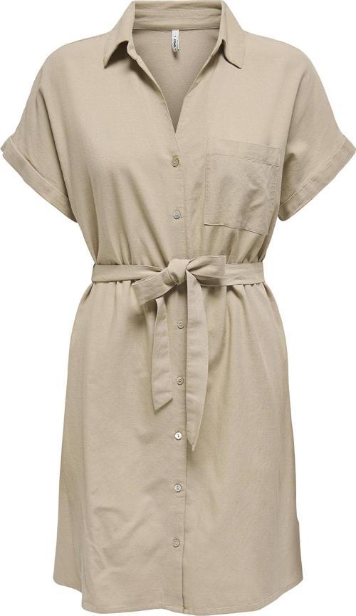 Onljakiri Keten Karışımlı Regular Fit Düğmeli Göğüs Cepli Bayan Elbise 15346491 BEJ