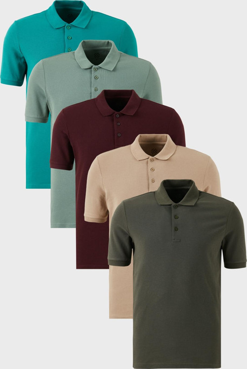 Pamuklu Regular Fit Düğmeli Polo Yaka 5'li Paket Erkek T Shirt 5902127S5 Vişne-Haki-Benetton-Elma Yeşil-Vizon