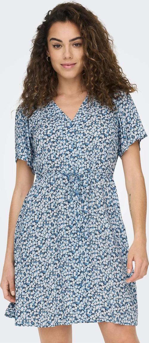 Onlevida Desenli Regular Fit Mini Boy V Yaka Bayan Elbise 15237382 MAVİ-BEYAZ