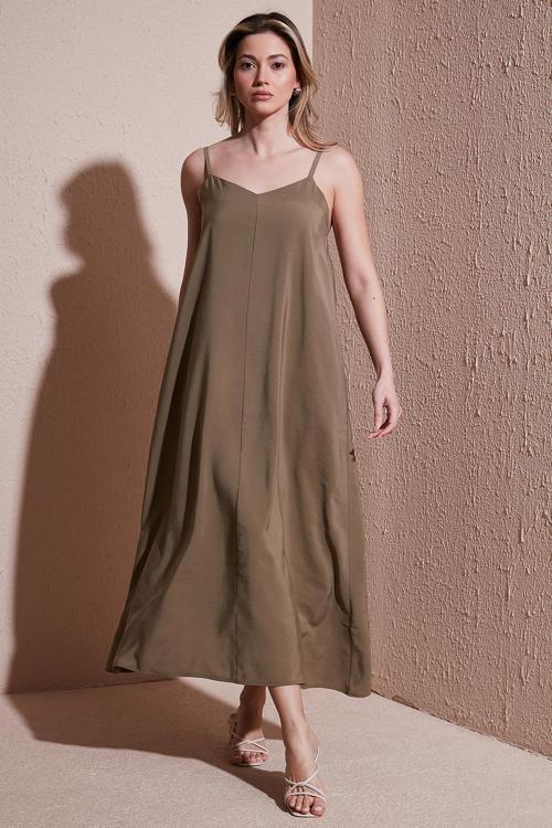 Modal Karışımlı Standart Fit Midi Boy Askılı Bayan Elbise 25Y0501K1 HAKİ