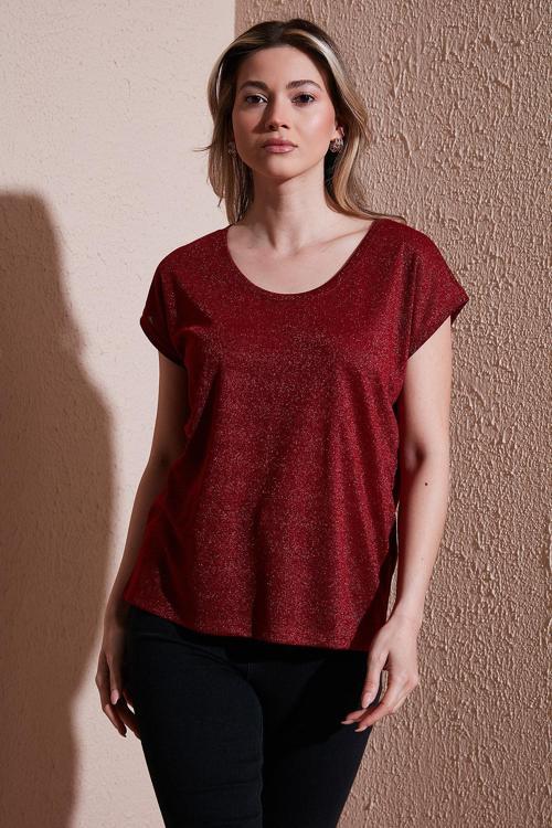 Standart Fit Yuvarlak Yaka Simli Bayan Bluz 25Y0202K1 PEMBE