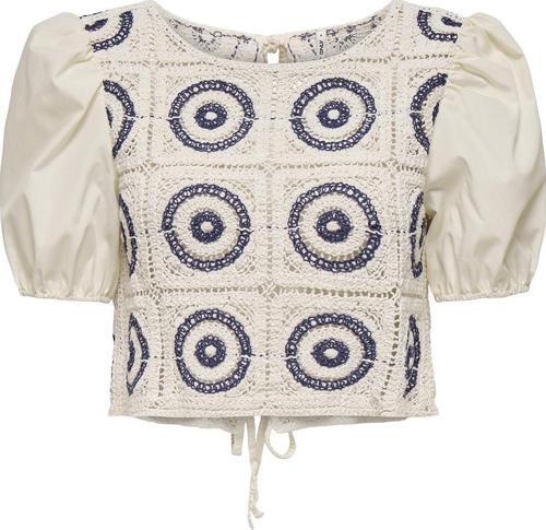 Onlcharis Pamuklu İşlemeli Regular Fit Balon Kol Bayan Top 15346915 BEYAZ-LACİVERT