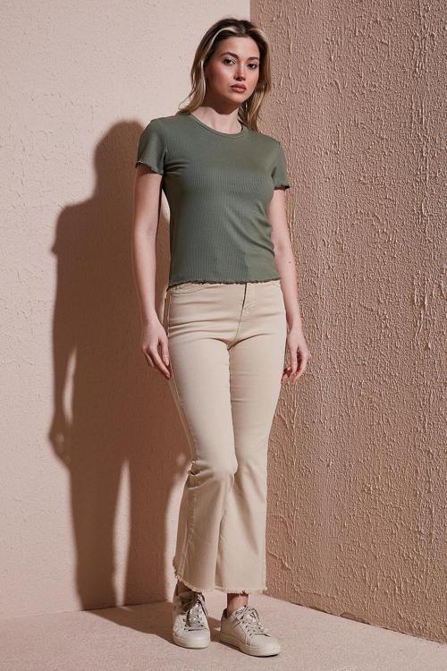 Streç Pamuklu Flare Fit Yüksek Bel İspanyol Paça Bayan Pantolon 25Y0294K1 BEJ