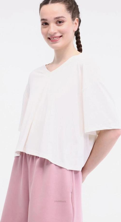 Regular Fit V Yaka Asimetrik Kesim Bayan T Shirt 11MS451 5FX EKRU