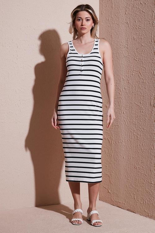 Slim Fit Yuvalak Yaka Düğmeli Midi Boy Bayan Elbise 25Y0375K1 EKRU