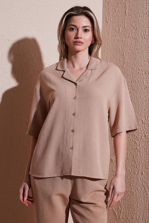 Keten Karışımlı Standart Fit Kısa Kollu Bayan Gömlek 25Y0605K1 BEJ