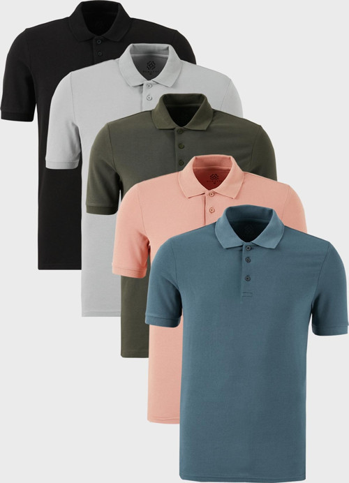 Pamuklu Regular Fit Düğmeli Polo Yaka 5'li Paket Erkek T Shirt 5902127S5 Siyah-Haki-Pudra-Kül-Petrol