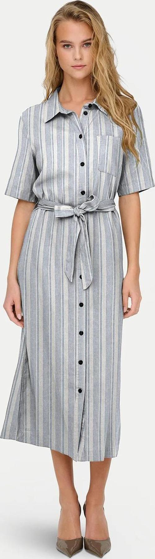 Onlcaro Keten Karışımlı Regular Fit Düğmeli Kemerli Midi Bayan Elbise 15338884 MAVİ-BEYAZ