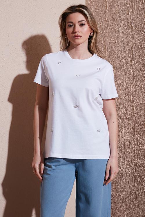 Taşlı % 100 Pamuk Regular Fit Bisiklet Yaka Bayan Bluz 25Y0414K1 BEYAZ