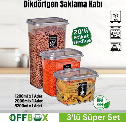 Offbox Dikdörtgen Bakliyat Baharat Gıda Saklama Kabı - 3 Çeşit - 3 Adet