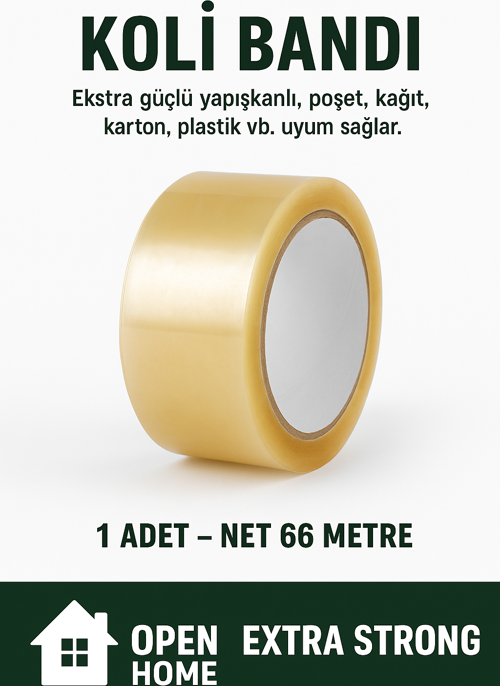 1 Adet-66 Metre Şeffaf Koli Bandı – Extra Strong 40 Micron Kalınlık, Güçlü Yapışkan