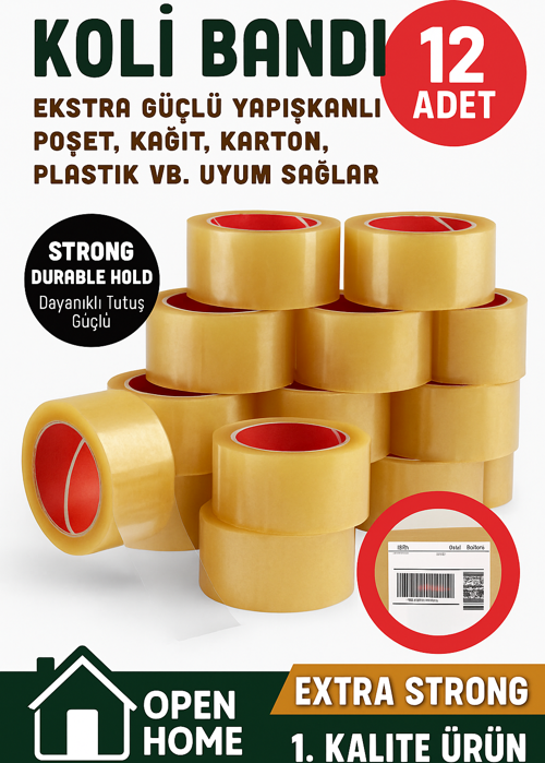 12 Adet-100 Metre Şeffaf Koli Bandı – Extra Strong 40 Micron Kalınlık, Güçlü Yapışkan
