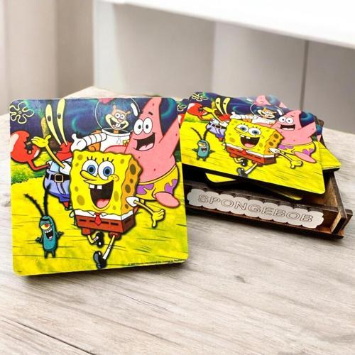 Bardak Altlığı 4'Lü Kutulu Ahşap Süngerbob