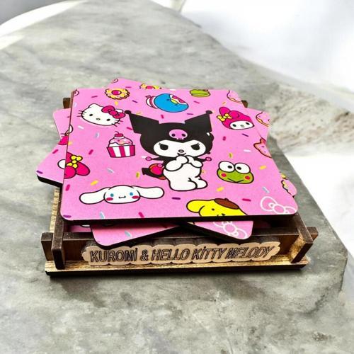 Bardak Altlığı 4'Lü Kutulu Ahşap Kuromi Hello Kity Melody