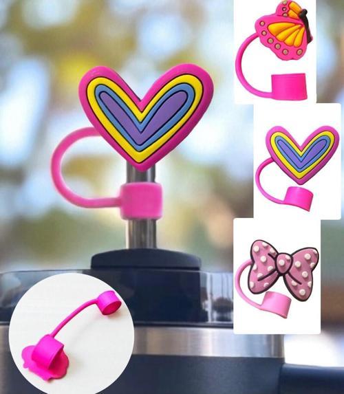 Termos Uyumlu 3 Adet (10Mm) Toz Geçirmez Pembe Kurdele Kalp Kelebek Quencher Pipet Tıpası Kapağı