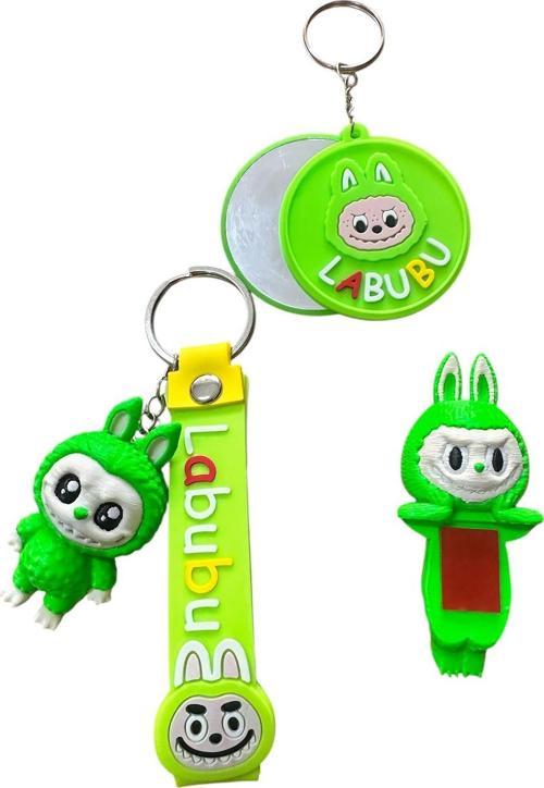 Labubu 3 Lü Set (6 Cm Bebek Anahtarlık, Ayna, Telefon Aksesuarı) Yeşil