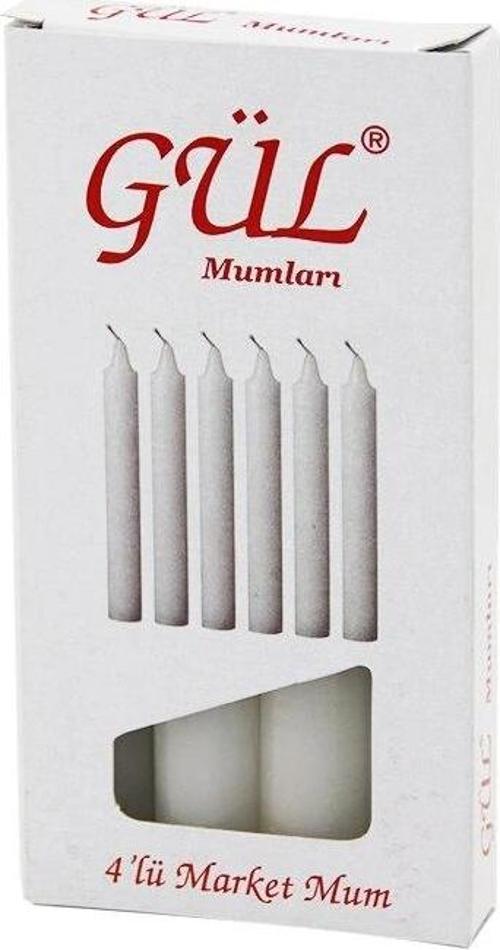4pcs - İnce   Çap=1.6cm - Uzunluk=12cm   Beyaz Klasik  Market Mum