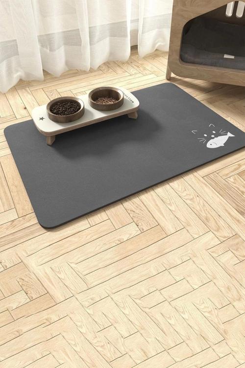 Beslenme Matı Balık Figürlü Su Geçirmez Kaymaz Gri Kedi Köpek Mama Paspası 50x70cm