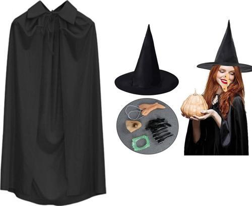 Büro Ev Ofis Gösteri Kostümü için 6PARÇA Cadı Şapka Pelerin Diş Tırnak Çene Burun Seti