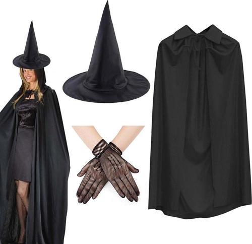 Büro Ev Ofis Gösteri Kostümü için 3PARÇA 1ÇİFT Kısa Eldiven Şapka 120CM Pelerin Cadı Seti