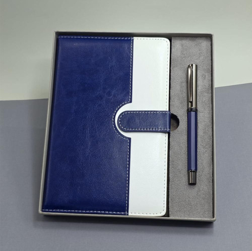 Büro Ev Ofis Hediyesi için Mavi Beyaz Deri Kapaklı Defter Metal Kalem Seti