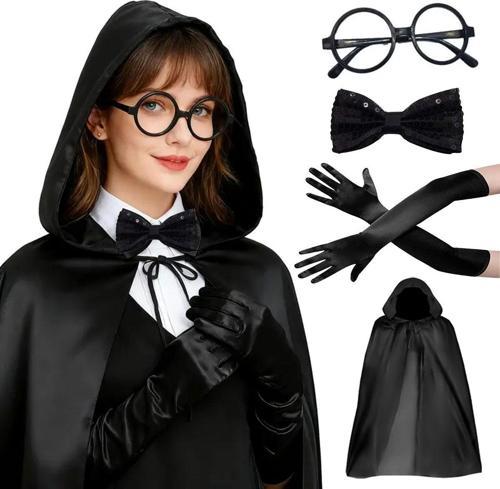 Büro Ev Ofis Etkinlik Gösteri Kostümü için 4PARÇA Siyah Kapüşonlu Büyücü Cadı Pelerin Seti