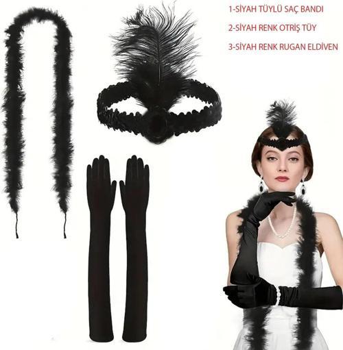 Büro Ev Ofis Gösteri Kostümü için Retro Siyah Tüylü Saç Bandı Rugan Eldiven Otri̇ş Seti