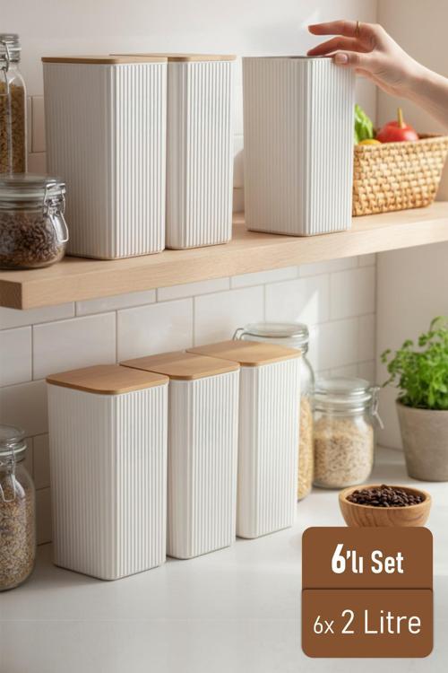 2 Litre Bambu Kapaklı Erzak Gıda Bakliyat Saklama Kabı Mutfak Organizeri 6 Adet