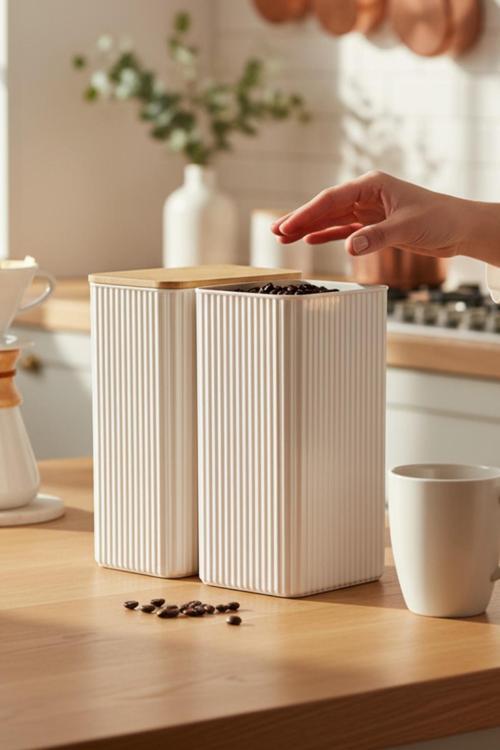 2 Litre Bambu Kapaklı Erzak Gıda Bakliyat Saklama Kabı Mutfak Organizeri 2 Adet